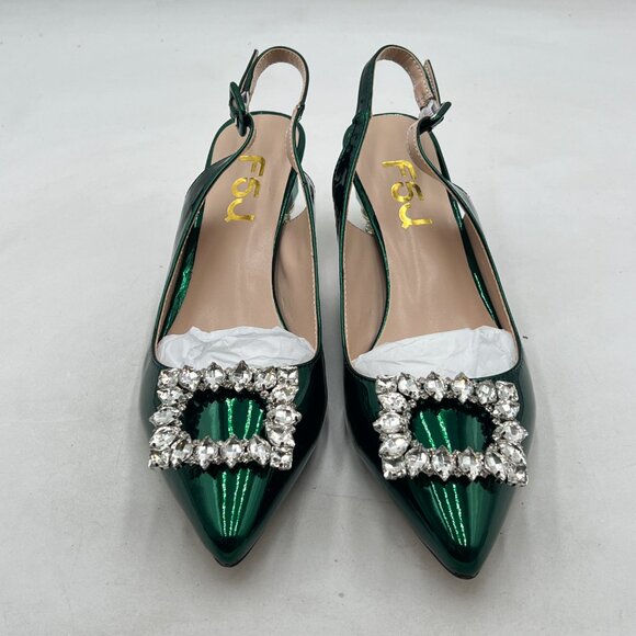 FSJ Green Crystal Square Buckle Pointed Toe Slingback Pumps Rhinestone Sandals - Picture 3 of 8